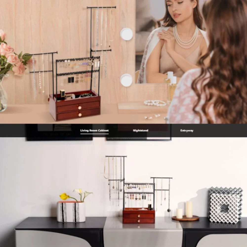 5-Tier Jewelry Stand - Earring Holders - Necklace Towers + 2 Wooden Drawers